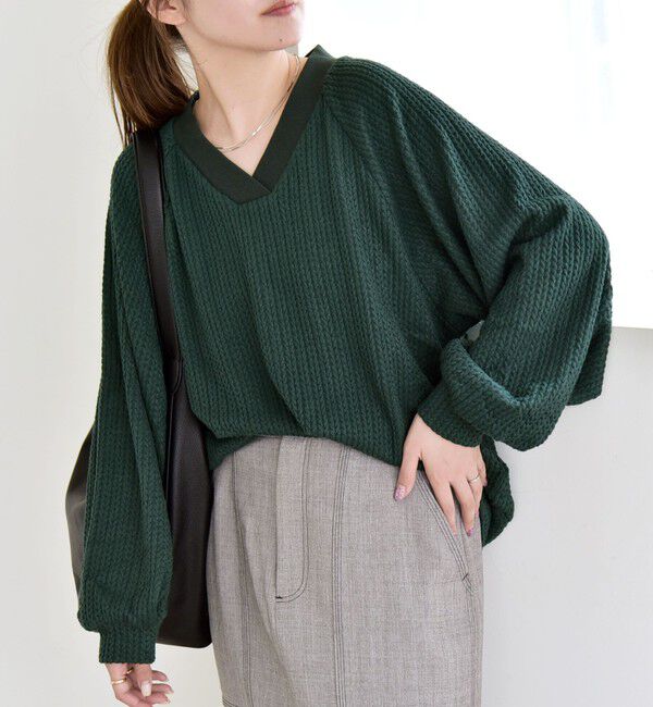 quaranciel「quaranciel:〈手洗い可能〉ケーブル ジャージー Vネック プルオーバー」|Tシャツ・カットソー|