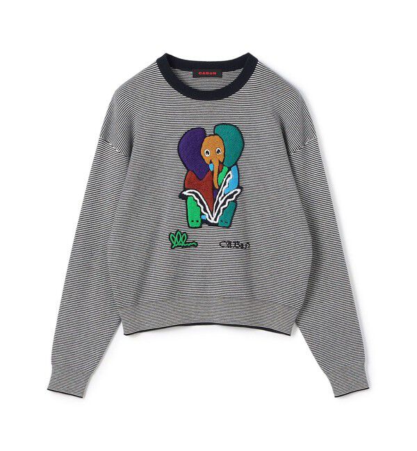 CABaN「CABaN コットンカシミヤ Elephantエンブロイダリークルーネックプルオーバー」|ニット・セーター|68ネイビーストライプ