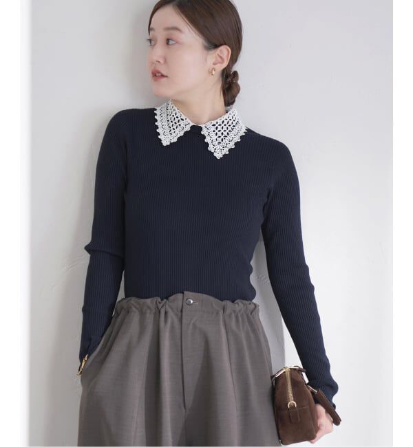 IENA「《追加》レース襟 RIBホールガーメントプルオーバー」|ニット・セーター|ネイビー