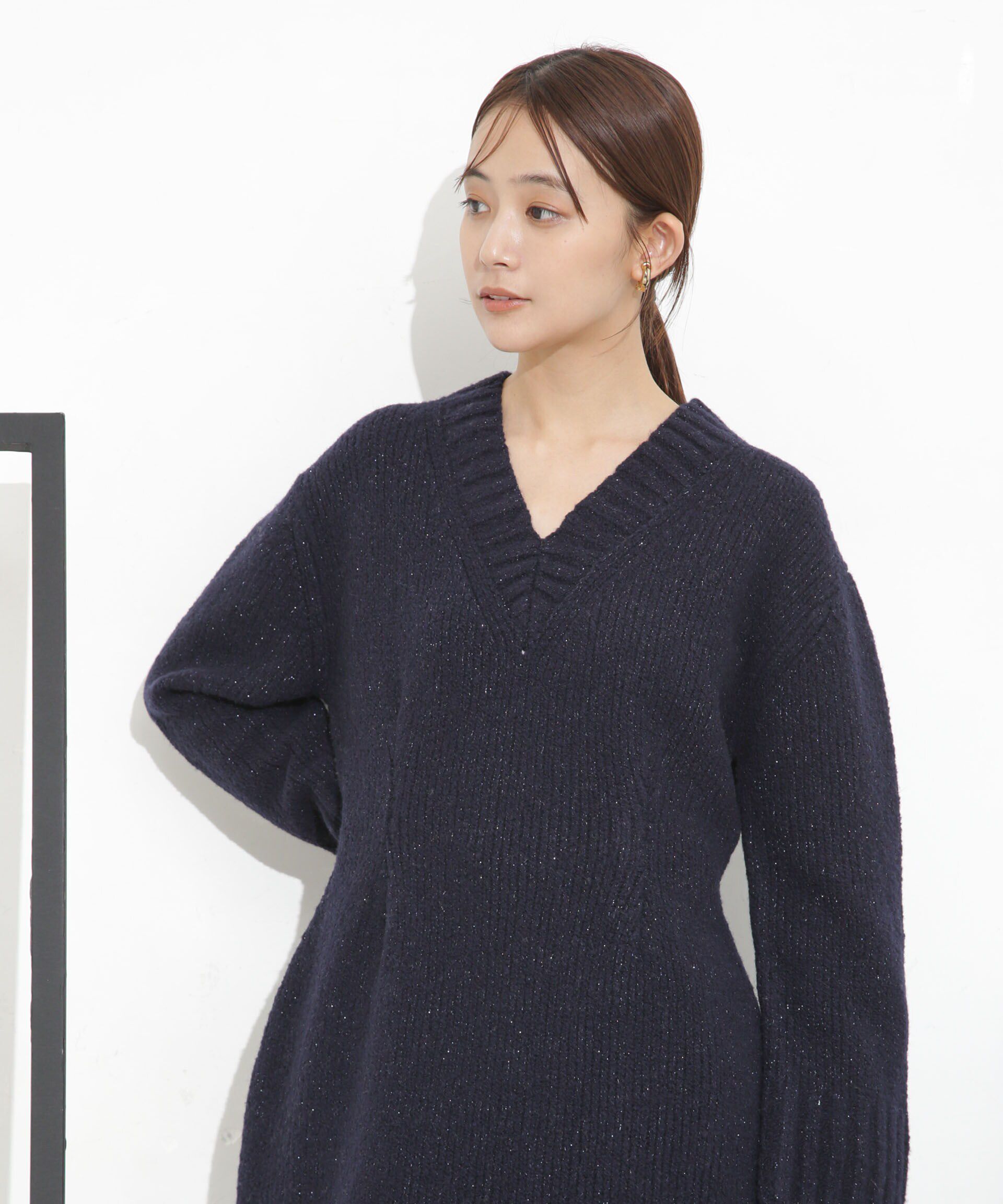 nano･universe「Vネックラメミックスロングニット」|ニット・セーター|