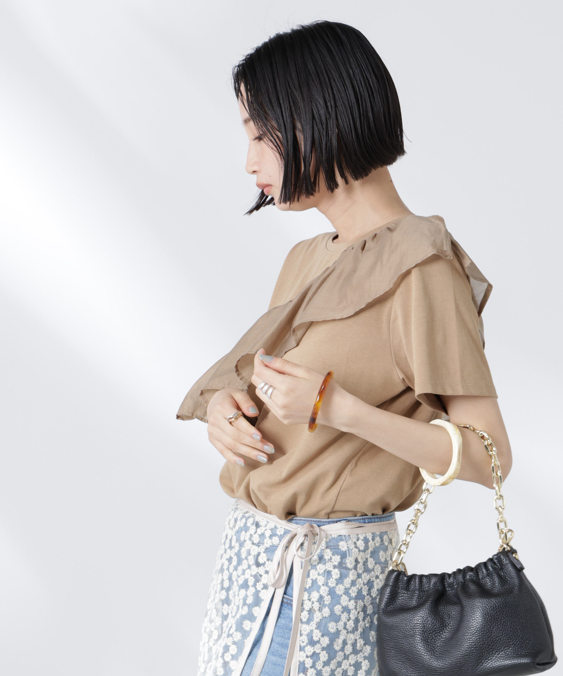 nano･universe「アシンメトリーフリル異素材コンビTシャツ」|Tシャツ・カットソー|