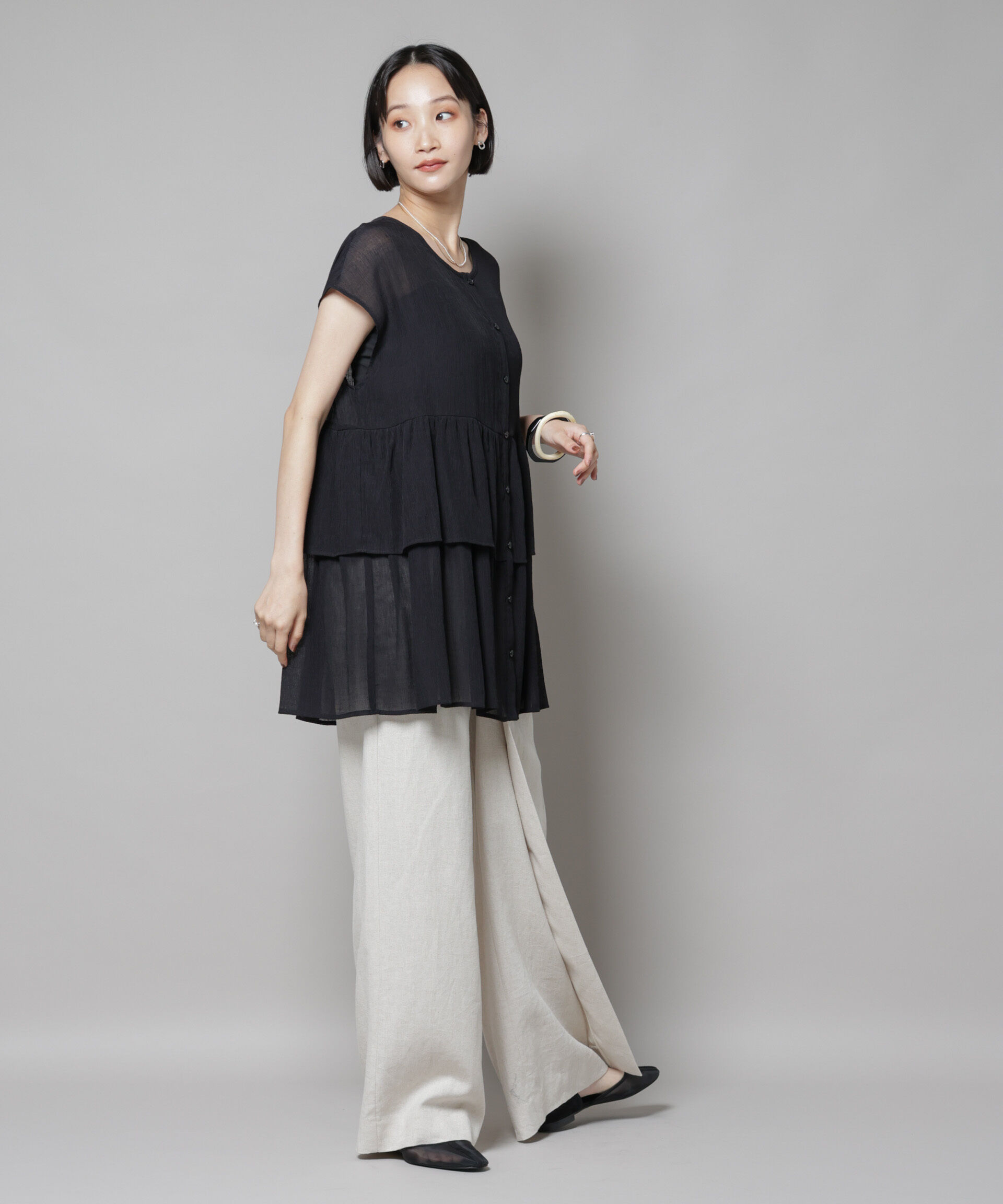 nano･universe「前後2wayシアー楊柳ノースリーブティアードブラウス」|シャツ・ブラウス|