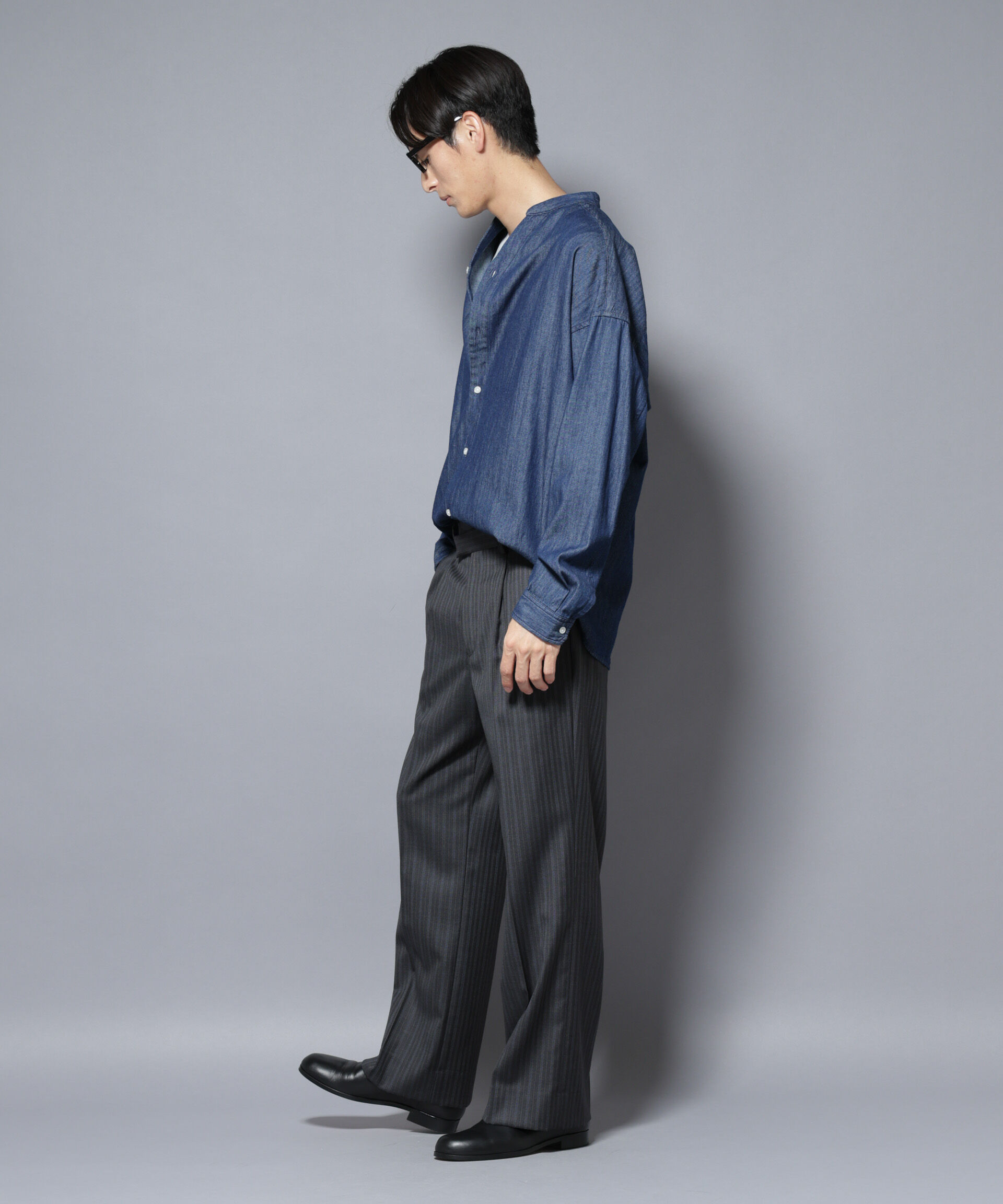 nano･universe「「大人のワイドシャツ」バンドカラーデニム 長袖」|シャツ・ブラウス|