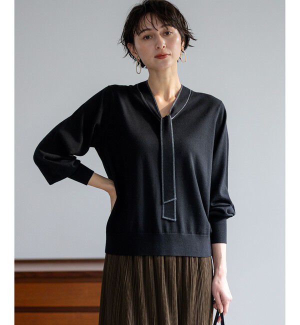 23区「【洗える】ウーステッドウール ボウタイ ニット」|ニット・セーター|ブラック系