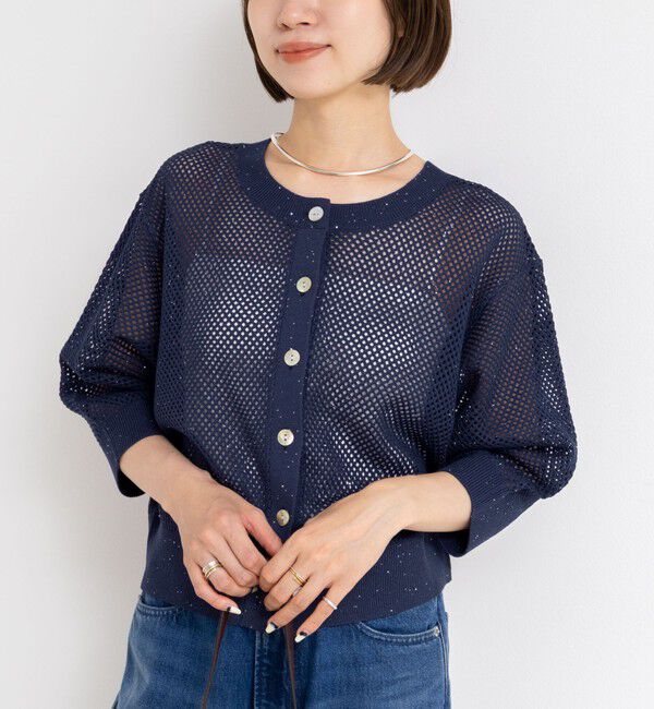 NOLLEY'S「《手洗い可能》スパンコールメッシュ5分袖カーディガン」|カーディガン|