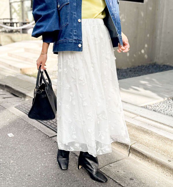 NOLLEY'S「ウォッシャブルチュール刺繍リバーシブルギャザースカート」|フレア|ホワイト