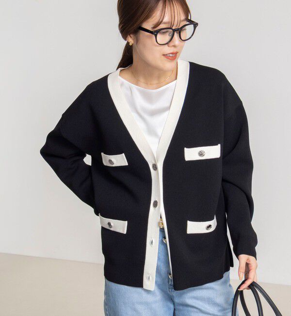 NOLLEY'S「《手洗い可能》スムース配色Vネックカーディガン」|カーディガン|ブラック・グレー系1