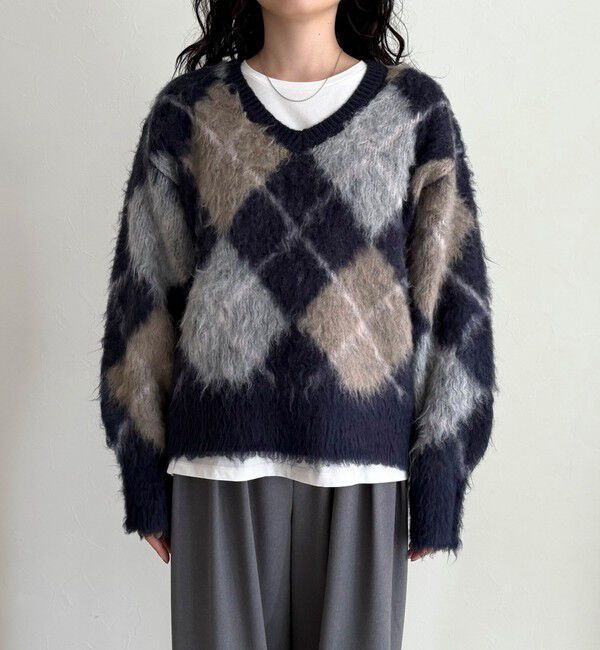 fredy emue「アーガイル柄起毛Ｖネックニット」|ニット・セーター|