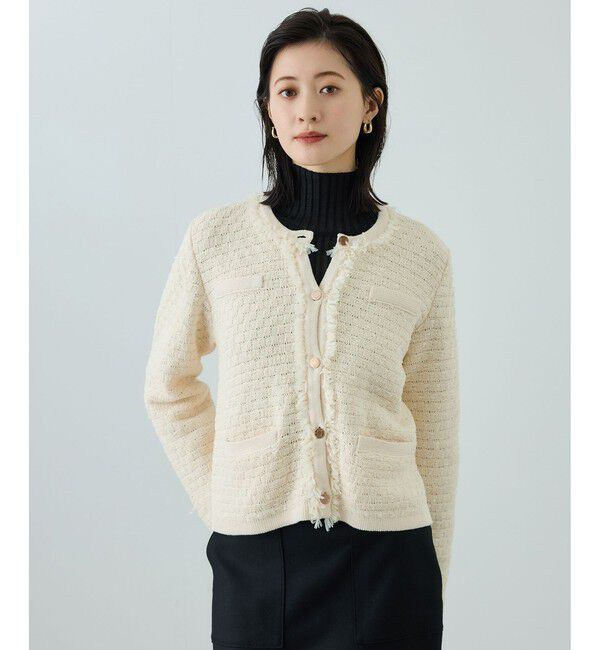 ROPE「ニットフリンジジャケット」|ノーカラージャケット|