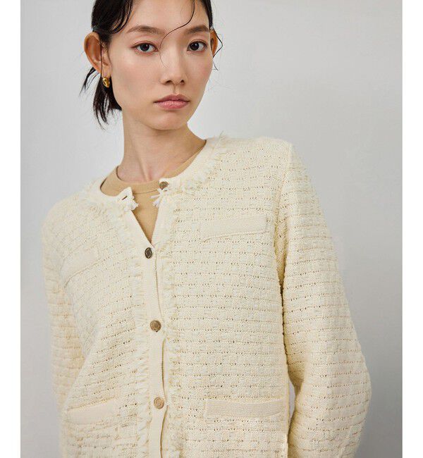 ROPE「ニットフリンジジャケット」|ノーカラージャケット|