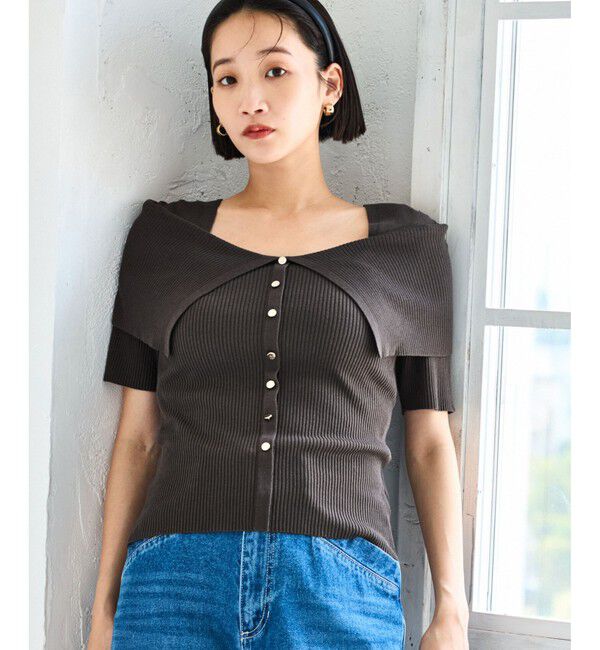 VIS「ビックカラーオフショルハーフスリーブニット」|ニット・セーター|チャコール(06)