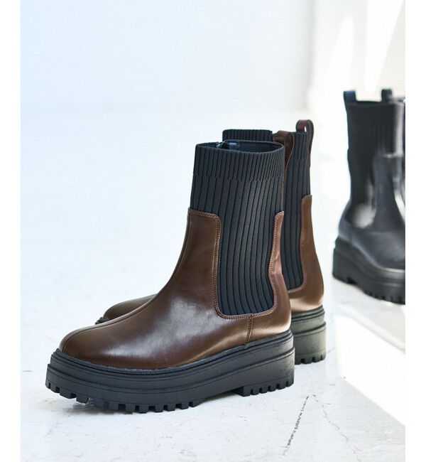 VIS「タンクソールサイドニットブーツ」|ロングブーツ|ブラウン系(22)