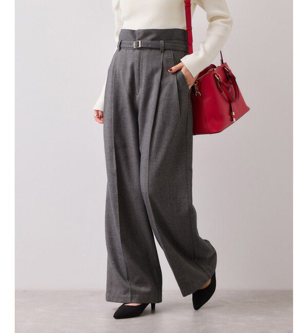 VIS「起毛ウールライク版ベルトディテールタックワイドパンツ」|チノ|