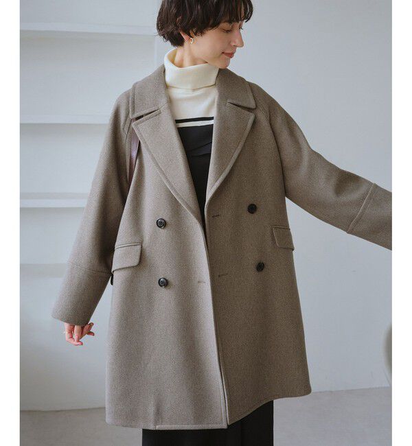 Rope&rsquo;Picnic「ジャージメルトン無地＆チェックオーバーPコート/一部WEB限定カラー・リンクコーデ」|ピーコート|ブラウン(20)