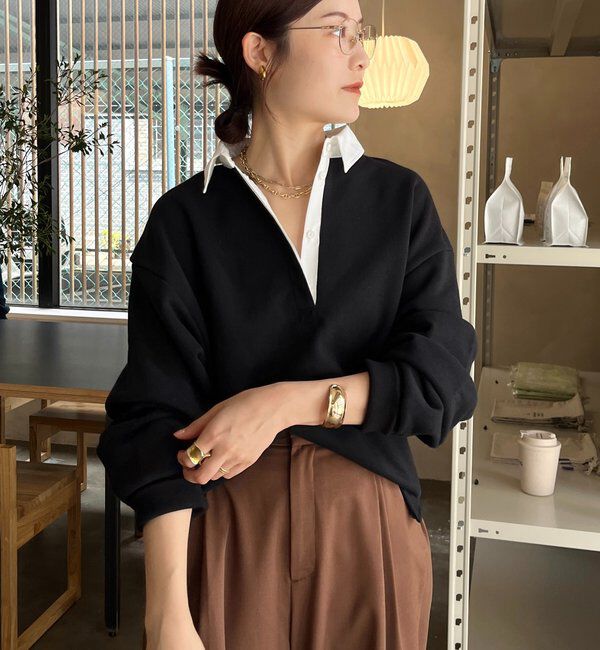  「【インフルエンサー OKOCHI企画】シャツ襟ラガースウェットトップス」|Tシャツ・カットソー|