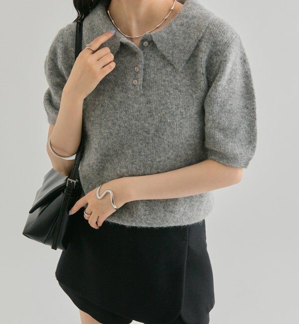  「衿付き半袖ニット」|ニット・セーター|グレー