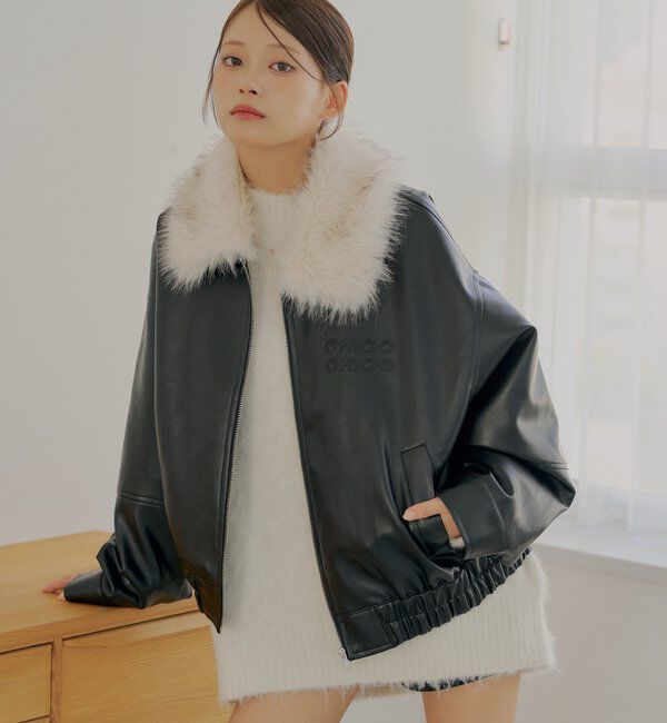  「【ファー取り外し可能】フェイクレザールーズジップブルゾン」|ブルゾン・スタジャン|ブラック
