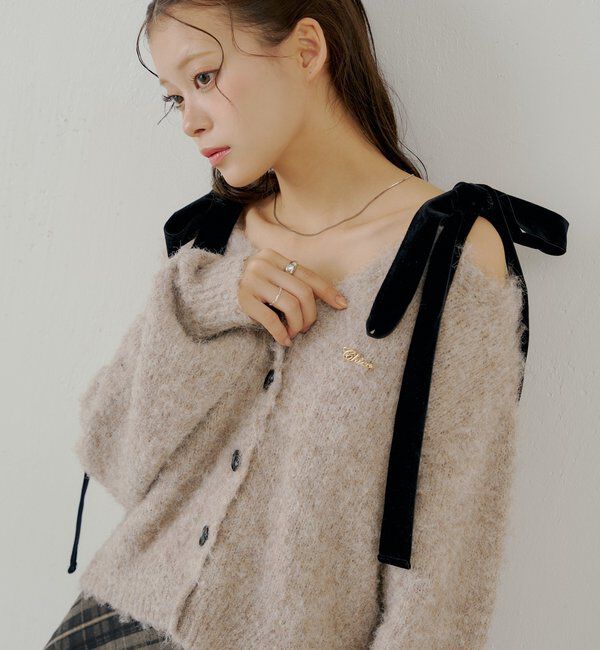  「【ブローチ取外し可】ベロアリボンルーズニットカーディガン」|カーディガン|ベージュ