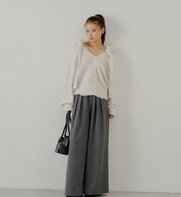  「【ブローチ取外し可】ベロアリボンルーズニットカーディガン」|カーディガン|