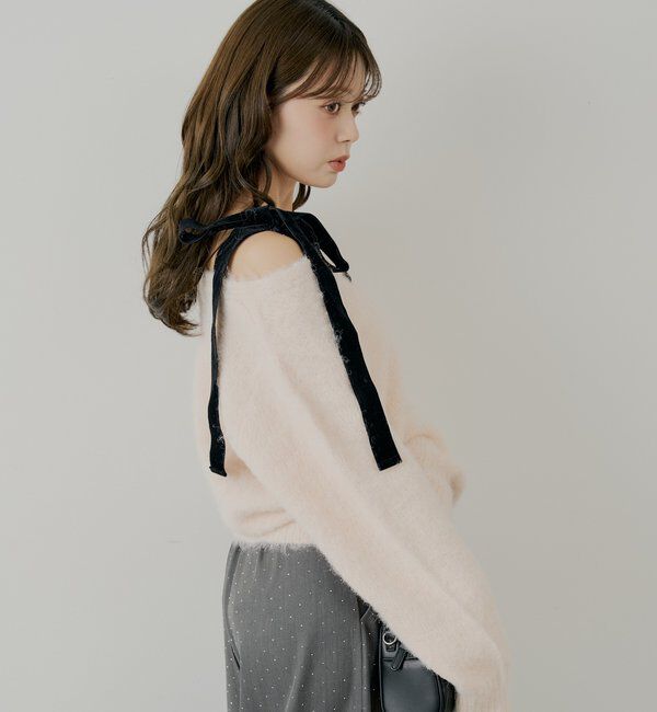  「【ブローチ取外し可】ベロアリボンルーズニットカーディガン」|カーディガン|