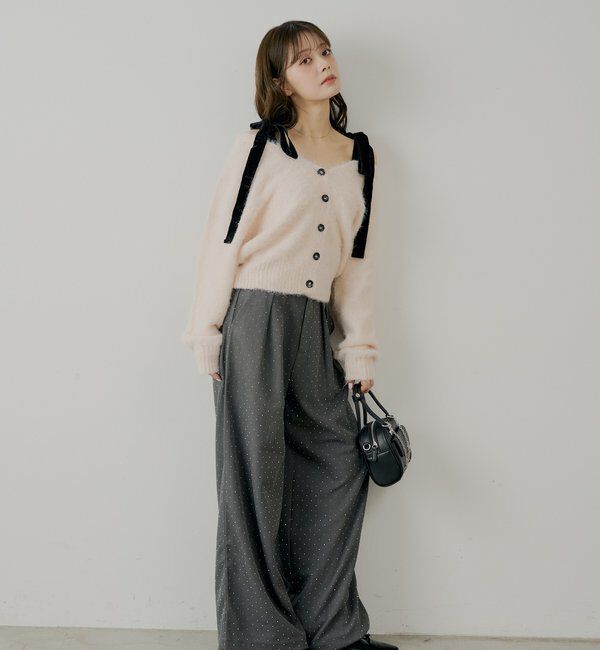  「【ブローチ取外し可】ベロアリボンルーズニットカーディガン」|カーディガン|