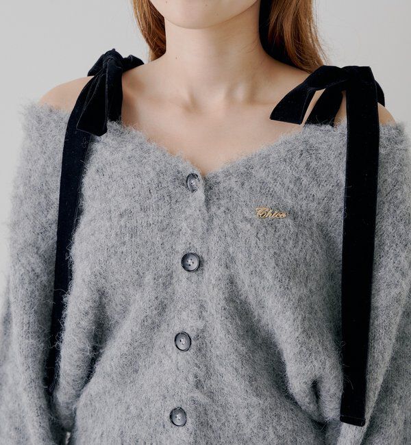  「【ブローチ取外し可】ベロアリボンルーズニットカーディガン」|カーディガン|