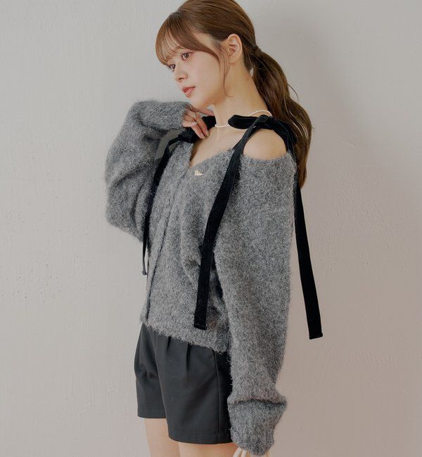  「【ブローチ取外し可】ベロアリボンルーズニットカーディガン」|カーディガン|