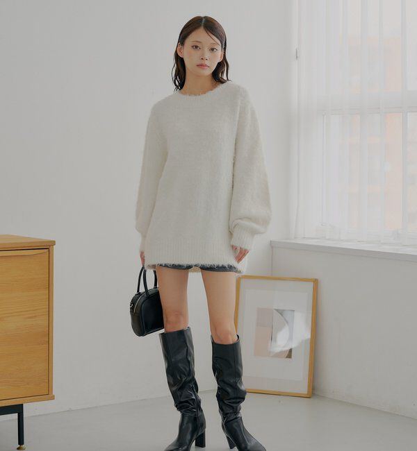  「2wayバックオープンベロアリボンルーズニット」|ニット・セーター|