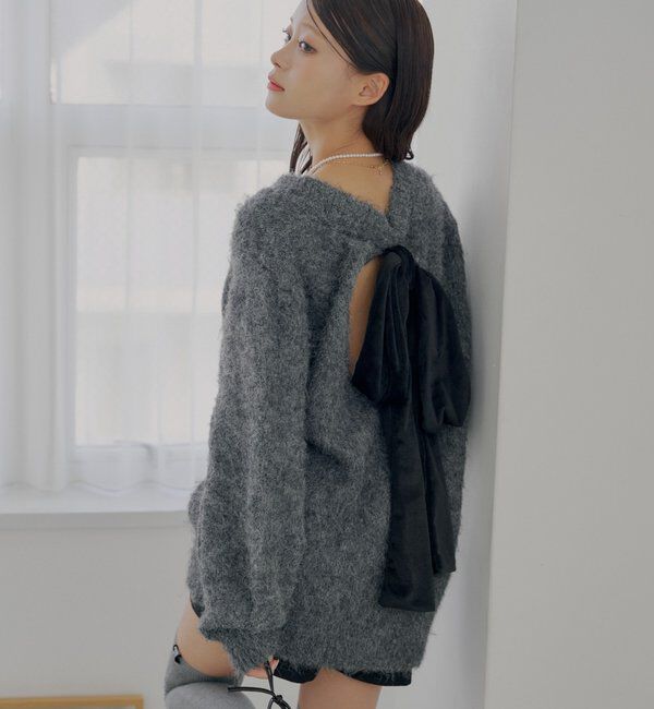  「2wayバックオープンベロアリボンルーズニット」|ニット・セーター|チャコールグレー