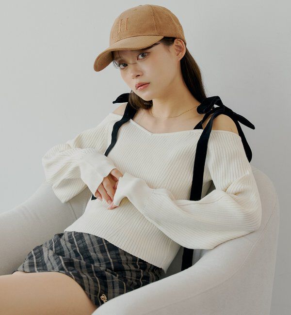  「肩リボンオフショルリブニット」|ニット・セーター|