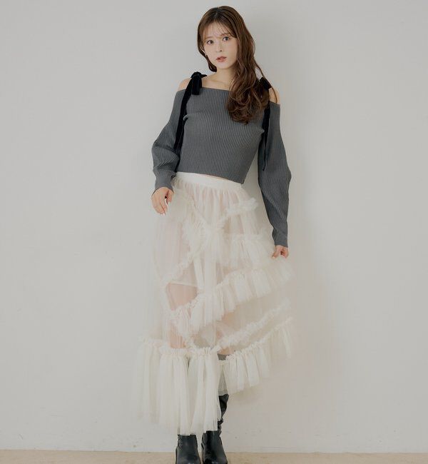  「肩リボンオフショルリブニット」|ニット・セーター|