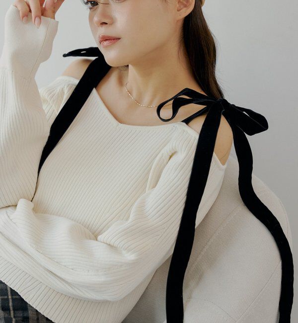  「肩リボンオフショルリブニット」|ニット・セーター|