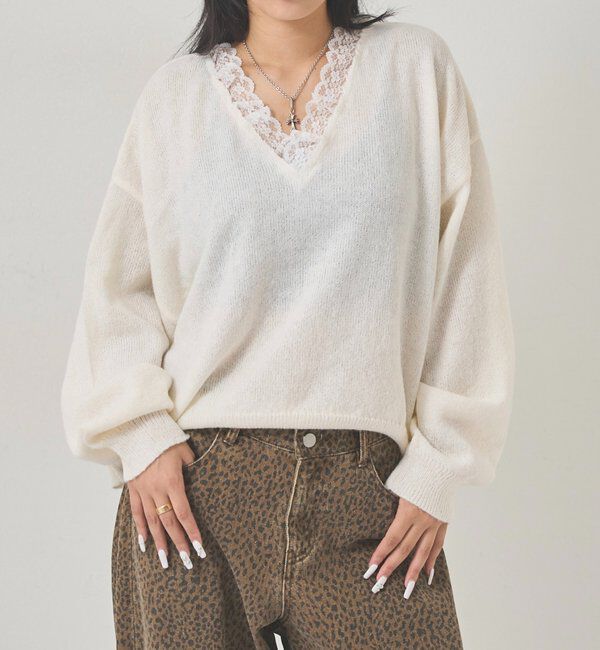  「レースVネックニット」|ニット・セーター|アイボリー