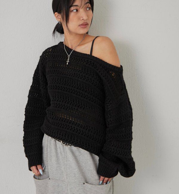  「メッシュボーダーオフショル2wayニット」|ニット・セーター|