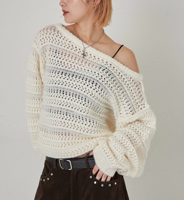  「メッシュボーダーオフショル2wayニット」|ニット・セーター|
