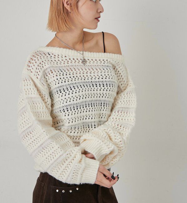  「メッシュボーダーオフショル2wayニット」|ニット・セーター|