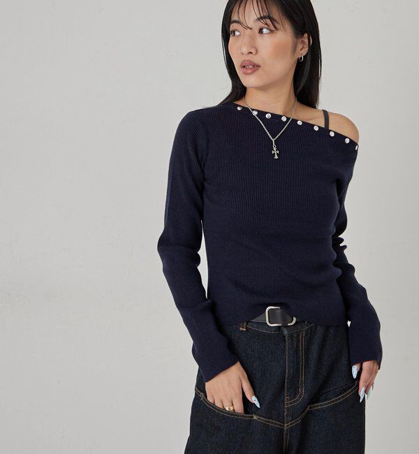  「スタッズワンオフショルニット」|ニット・セーター|