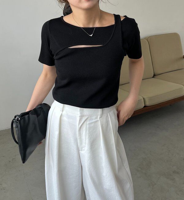  「クロスレイヤード半袖ニット」|ニット・セーター|ブラック