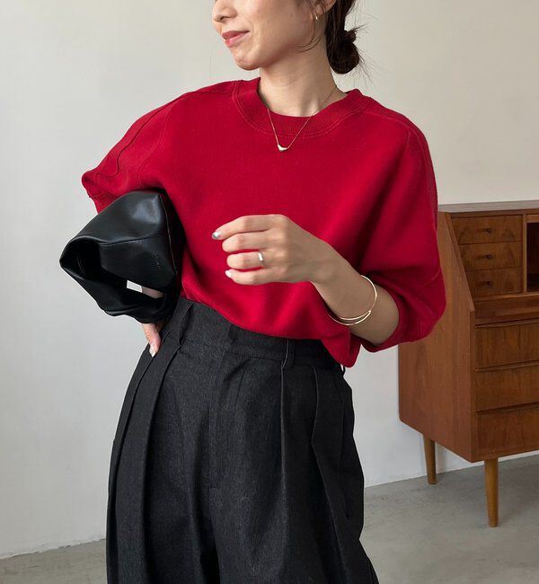  「スウェットライク半袖ニット」|ニット・セーター|レッド