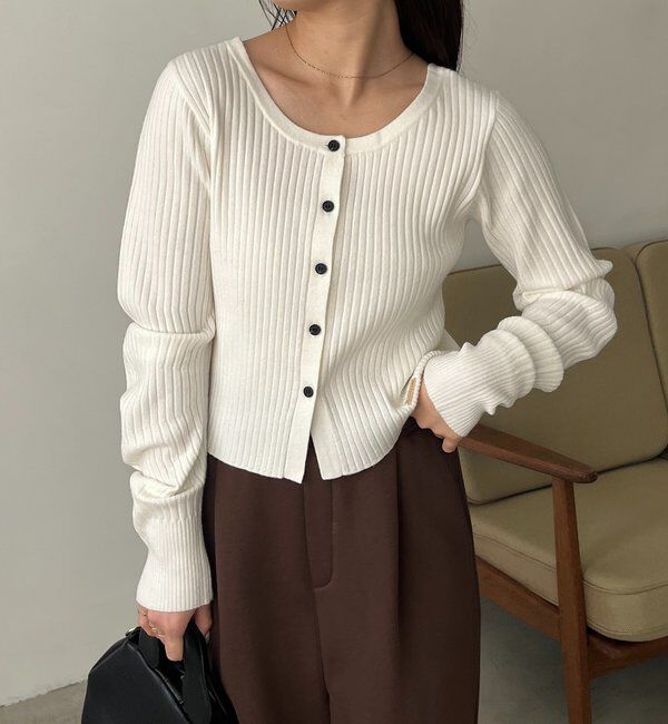  「【新色/オフホワイト】【前後2WAY】カーブスリーブリブニット」|カーディガン|