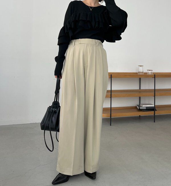  「【選べる4サイズ展開/全骨格細見え】すっきりスラックスワイドパンツ」|チノ|