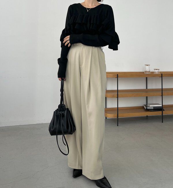  「【選べる4サイズ展開/全骨格細見え】すっきりスラックスワイドパンツ」|チノ|