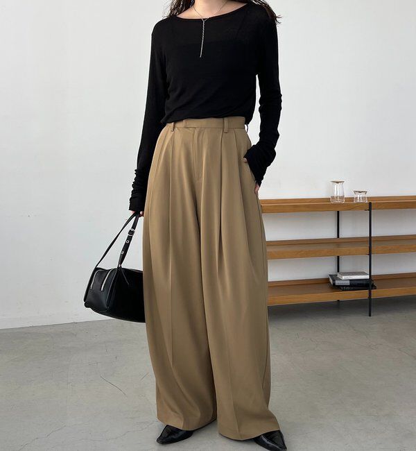  「【選べる4サイズ展開/全骨格細見え】すっきりスラックスワイドパンツ」|チノ|