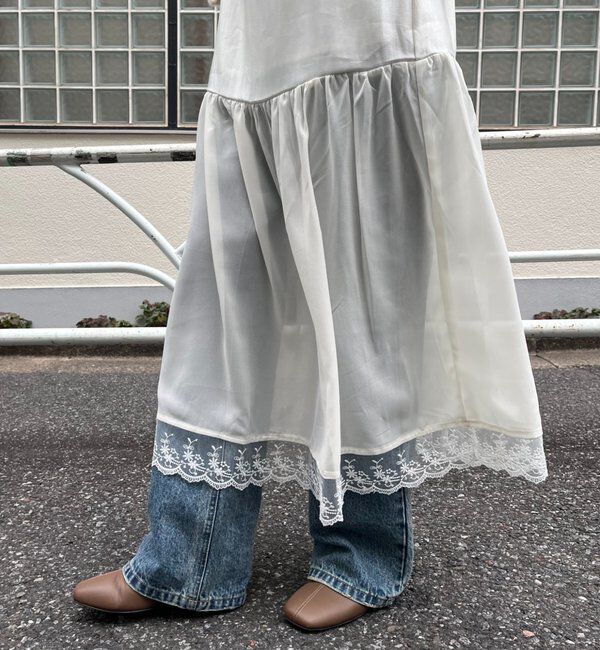  「裾レース切替サテンキャミワンピース」|ワンピース|