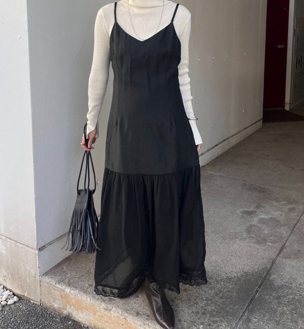  「裾レース切替サテンキャミワンピース」|ワンピース|ブラック