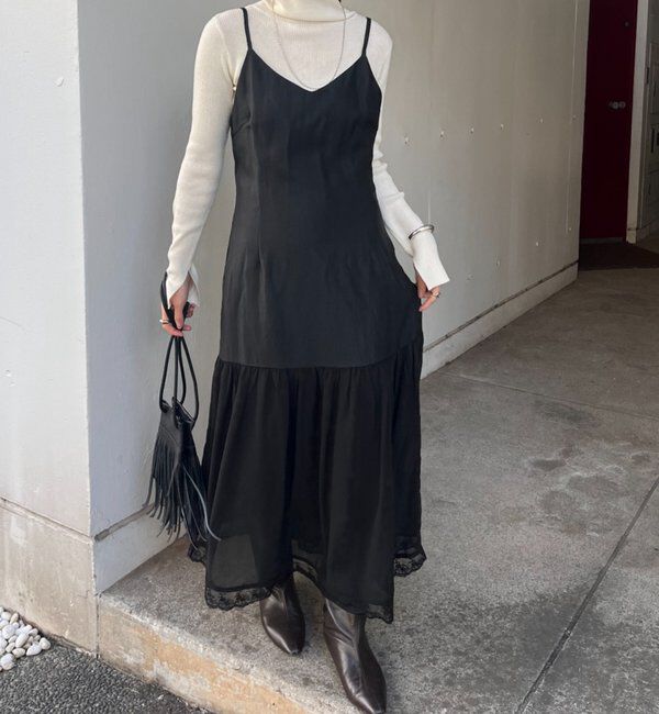  「裾レース切替サテンキャミワンピース」|ワンピース|