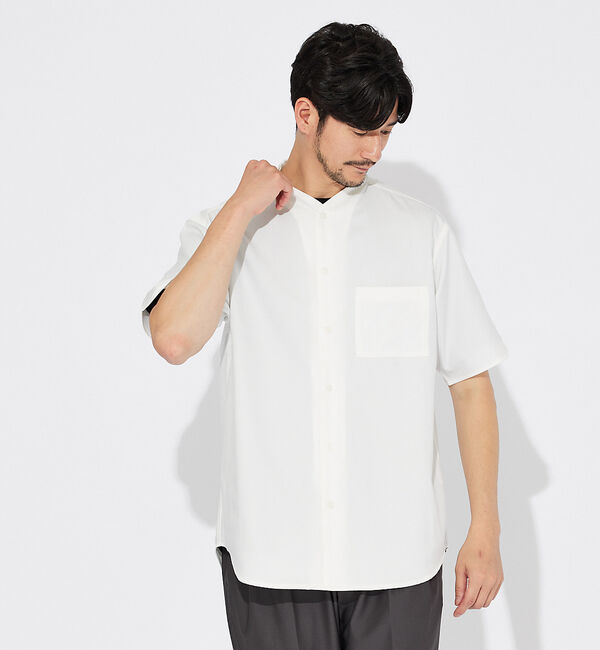 ABAHOUSE「【変形襟】トロミシャンブレー カラーレス 半袖シャツ / バンドカラー」|シャツ・ブラウス|ホワイト