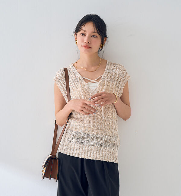 Rouge vif「麻混ニットレースアップベスト」|ニット・セーター|