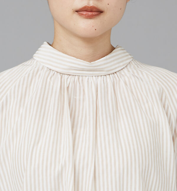 qualite「ストライプハイネックギャザーブラウス」|シャツ・ブラウス|