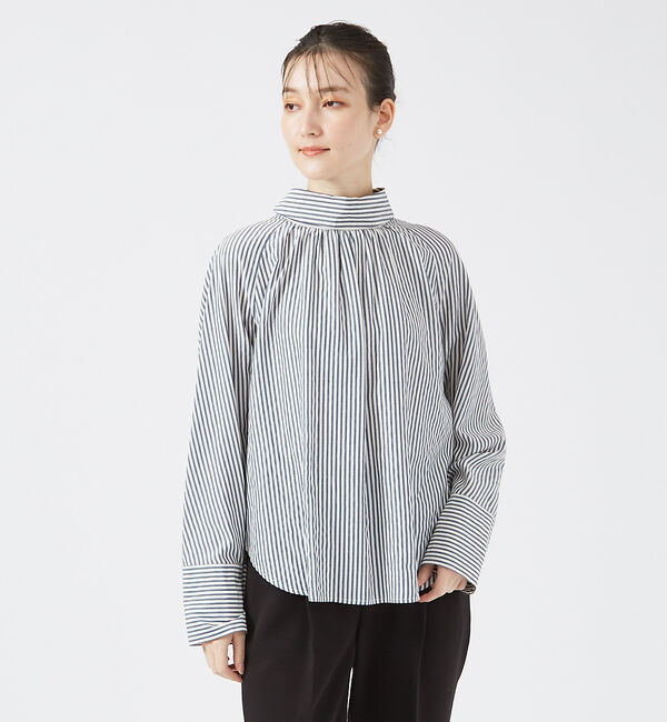 qualite「ストライプハイネックギャザーブラウス」|シャツ・ブラウス|